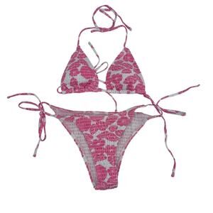 Make Me Chic Women's Medium Pink Smocked Side Ties 2 Piece Bikini Swimsuit